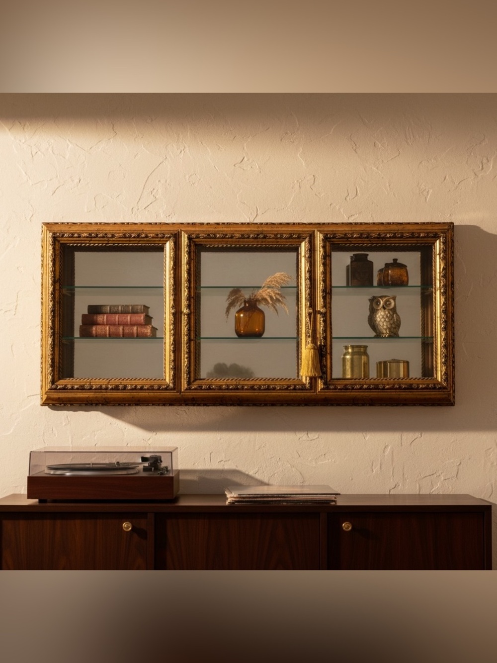 Vintage Creazioni Artistiche Italian Gold Triple Glass Shadow Box Curio Cabinet